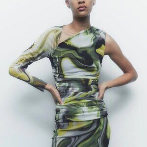Zara Green printed tulle top asymmetric sleeves & neckline Medium
